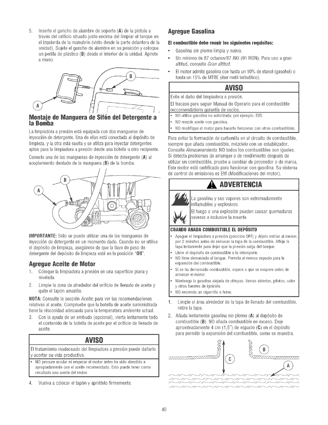 Craftsman 580.75213 manual ADVERTENCiA, Agregue Gaseiina, Mentaje de Manguera de $ifOn dei Detergente a la Bemha 