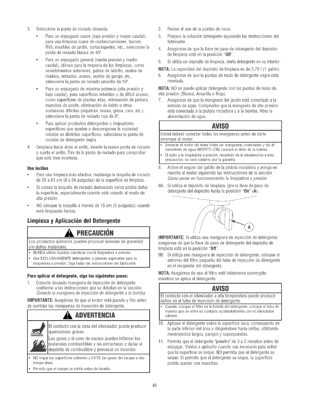 Craftsman 580.75213 manual Limpieza y Apiicaci6n dei Detergente, Seleccionelapuntaderociadodeseada, Useinclina 