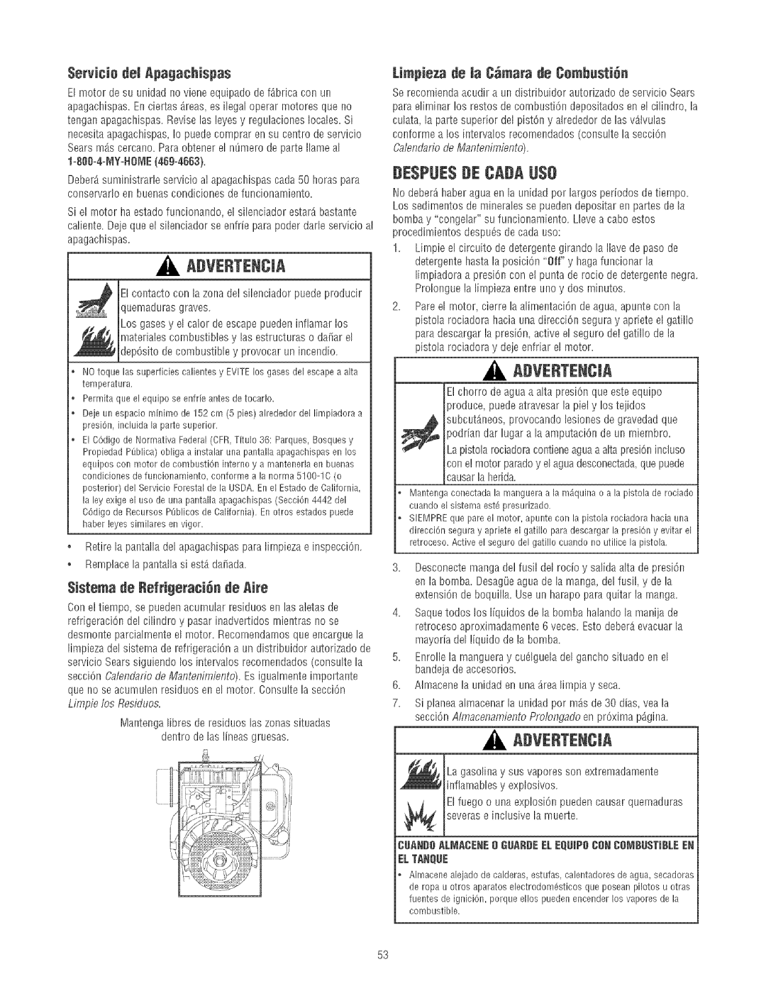 Craftsman 580.75213 manual DESPUE$DE Cada U$0, ServJcJodel Apagachispas, $istema de RefrigeratiOn de Aire 