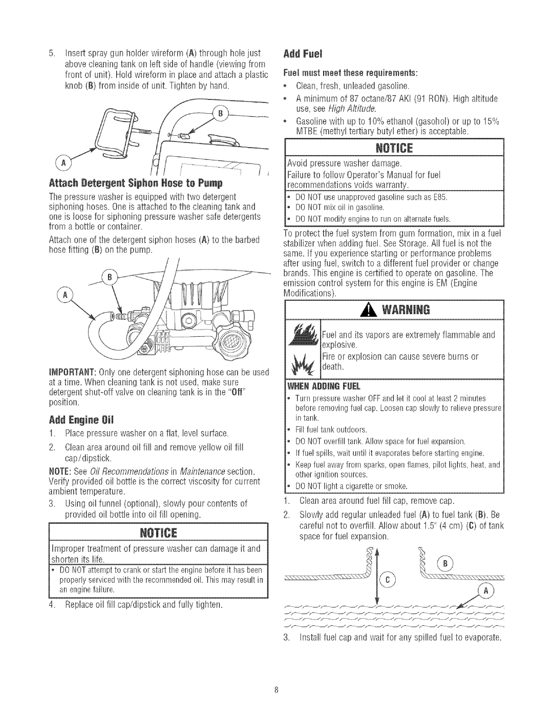 Craftsman 580.75213 manual Add Fuel, Attach Detergent Siphon Hose to Pump, Add Engine Oil 