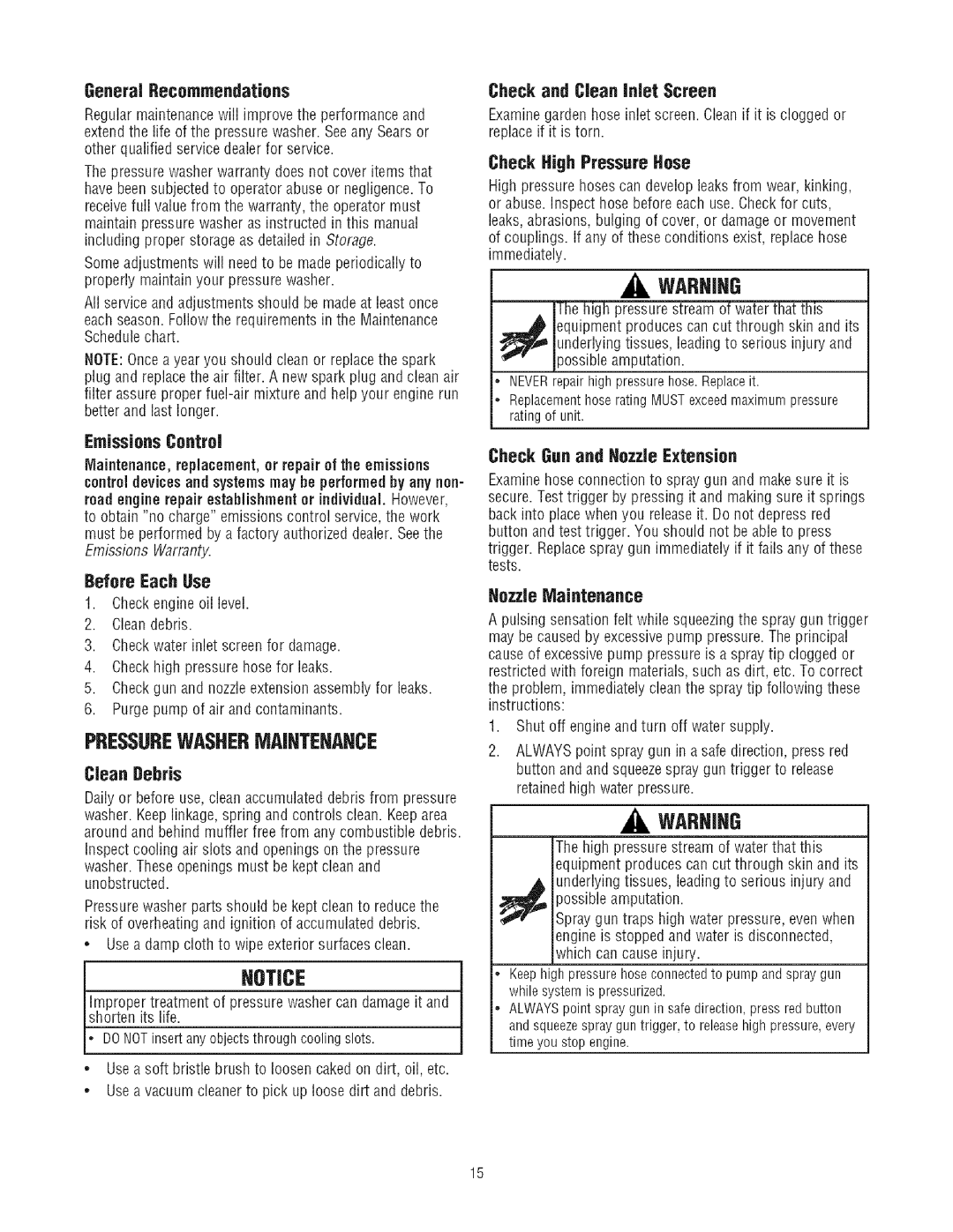 Craftsman 580.7523 manual Pressurewashermaintenance 