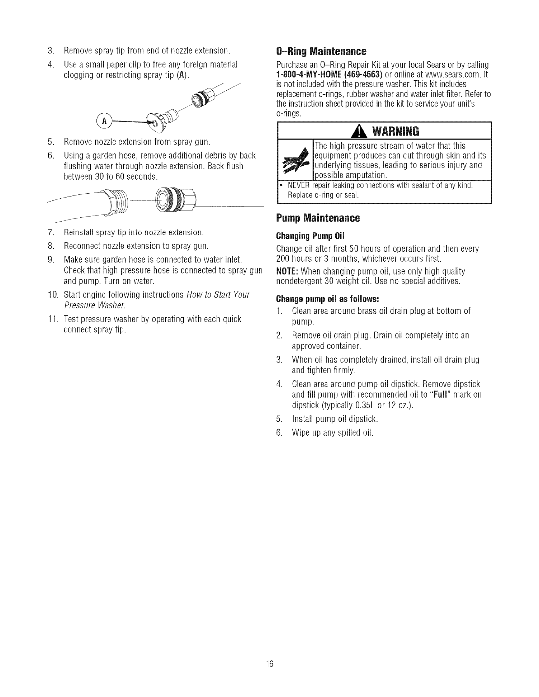 Craftsman 580.7523 manual Removespraytipfromendofnozzleextension, RingMaintenance, Pump Maintenance, ChangingPumpOil 