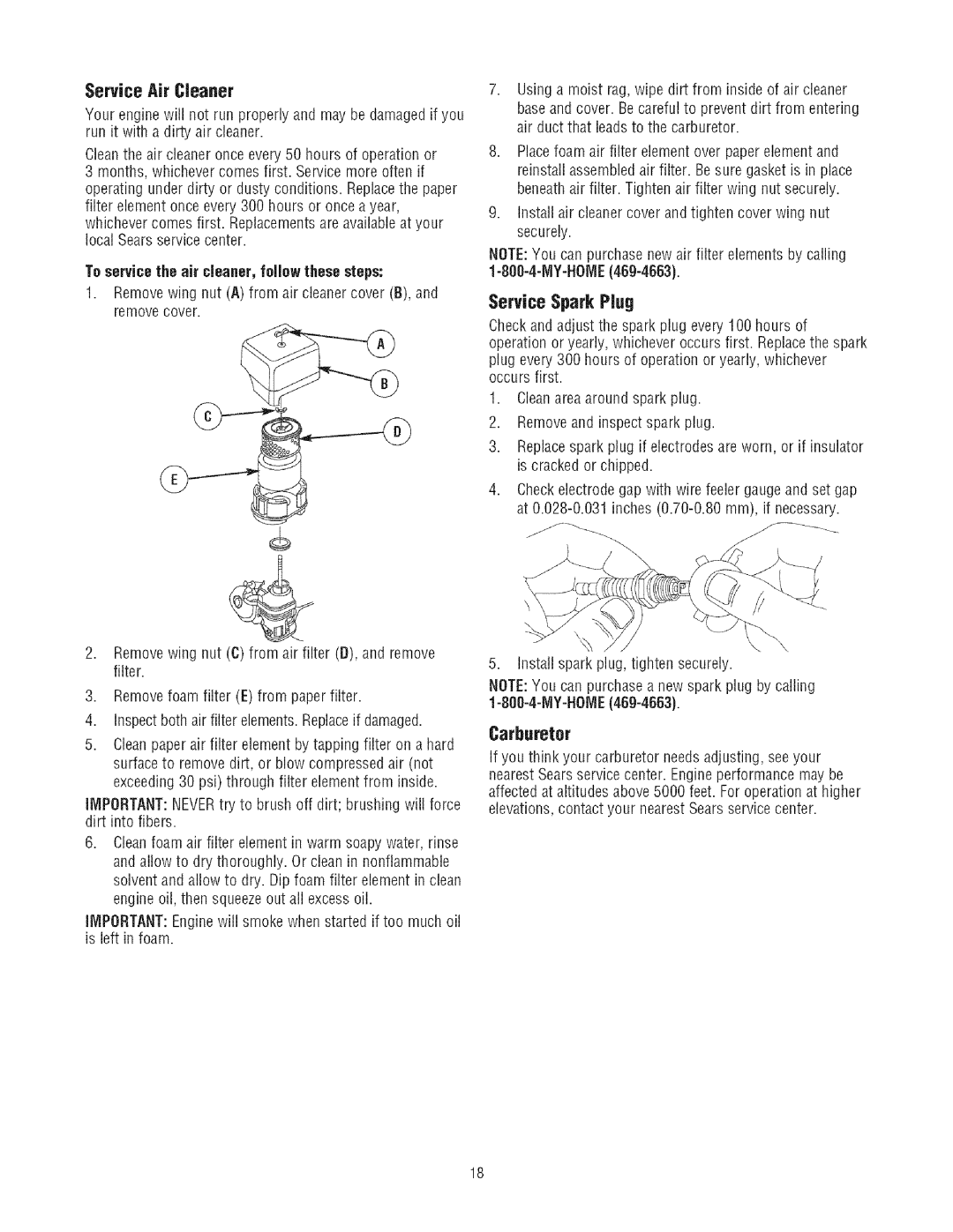 Craftsman 580.7523 manual ServiceSparkPJug, Service Air Cleaner, Carburetor, To service the air cleaner, follow these steps 