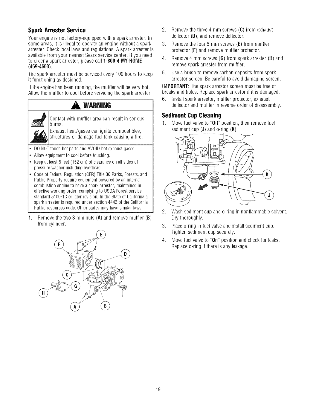 Craftsman 580.7523 manual Spark Arrester Service, Sediment Cup Cleaning, 469-4663 