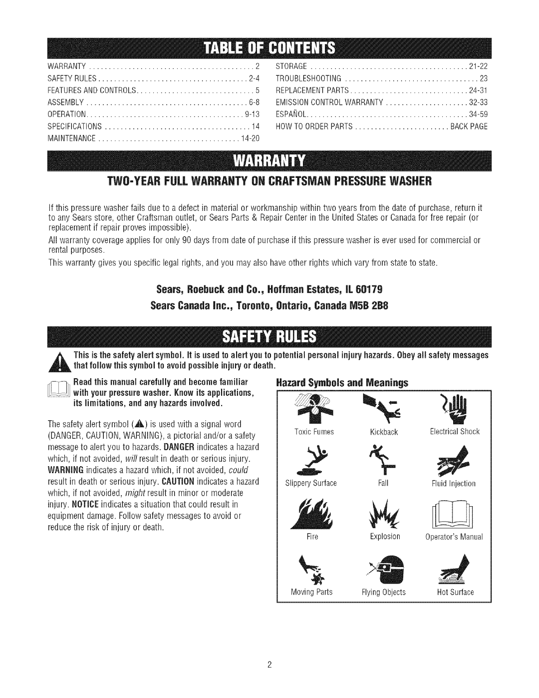 Craftsman 580.7523 manual TWO-YEARFULLWARRANTYOH Craftsmanpressurewasher, Hazard Symbols and Meanings 