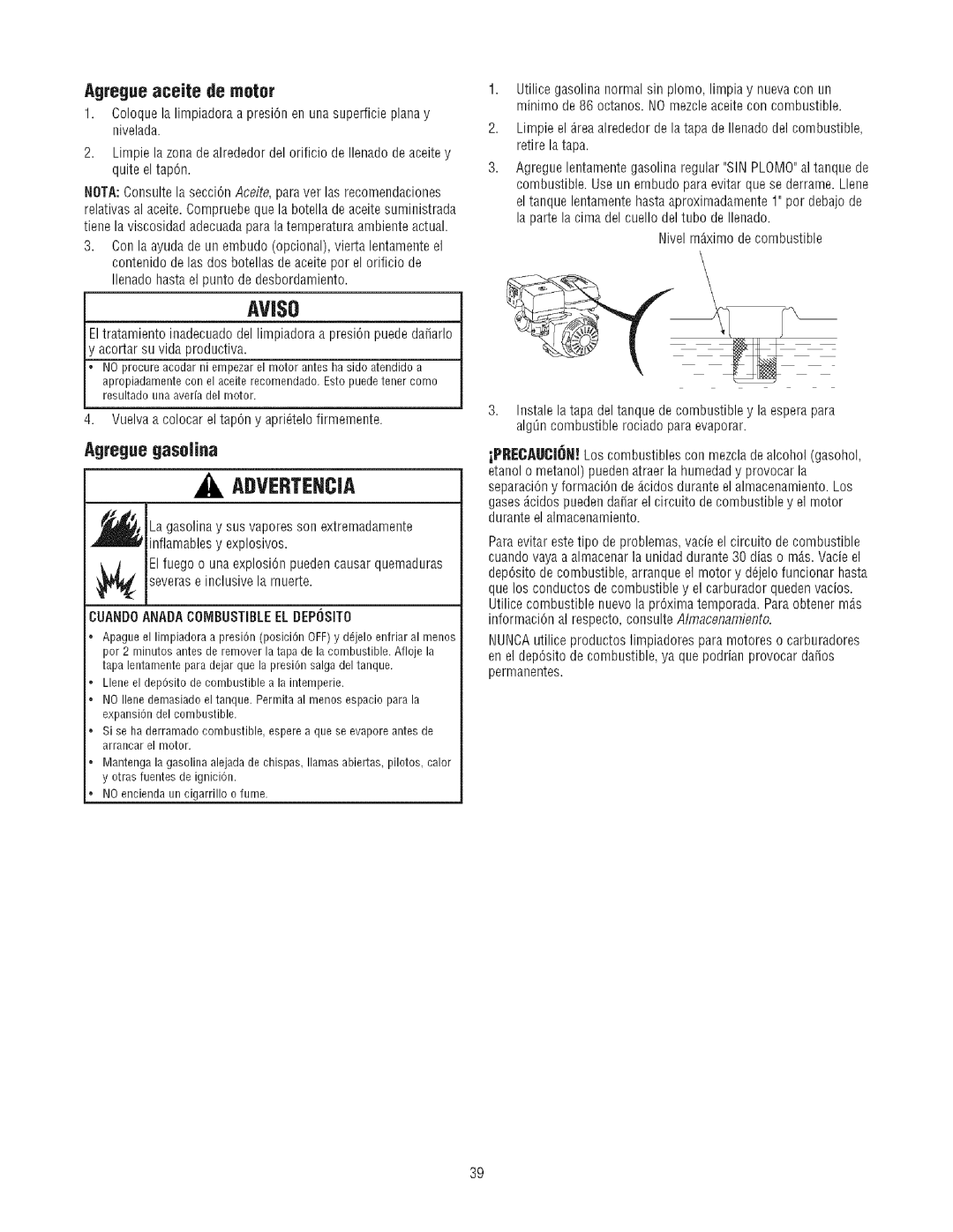 Craftsman 580.7523 manual Agregue aceite de motor, Agregue gasoHna 