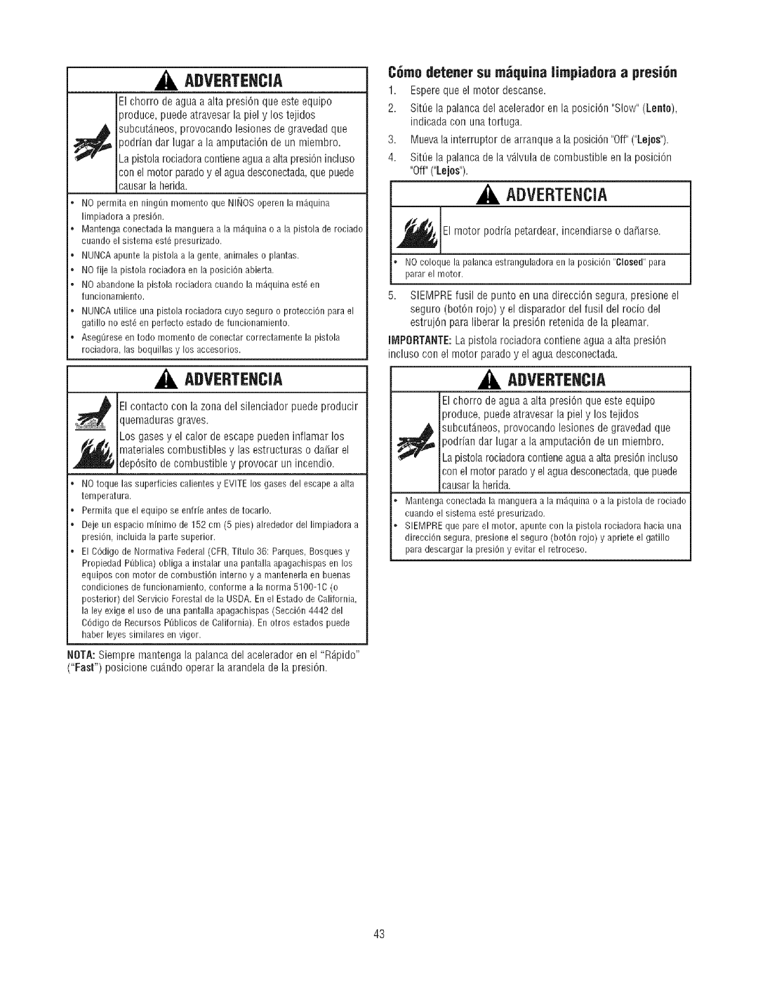 Craftsman 580.7523 manual C6mo detener su mquina limpiadora a presin, Esperequeel motordescanse 