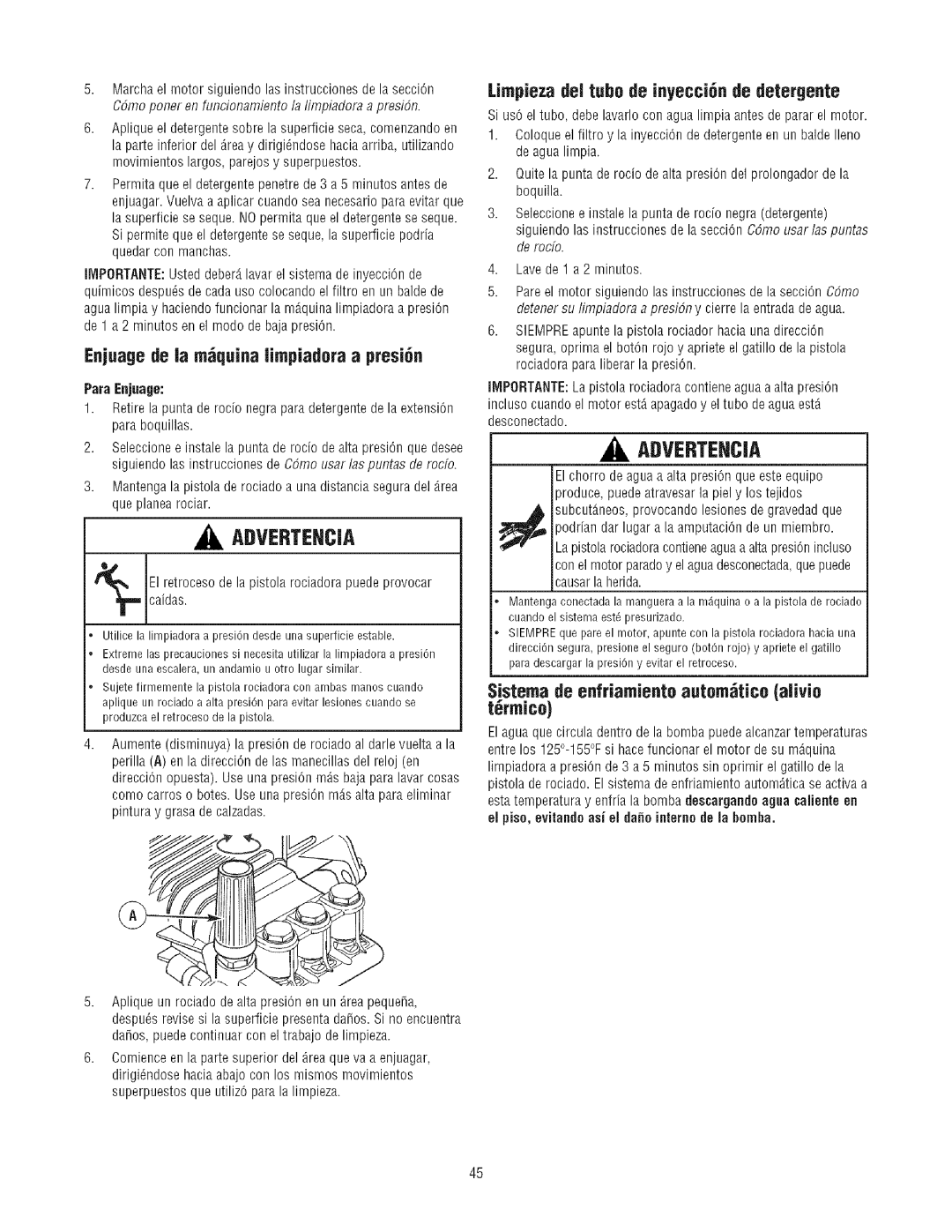 Craftsman 580.7523 Advebtehcia, Enjuage de la mquina limpiadora a presi6n, Limpieza del tubo de inyecci6n de detergente 