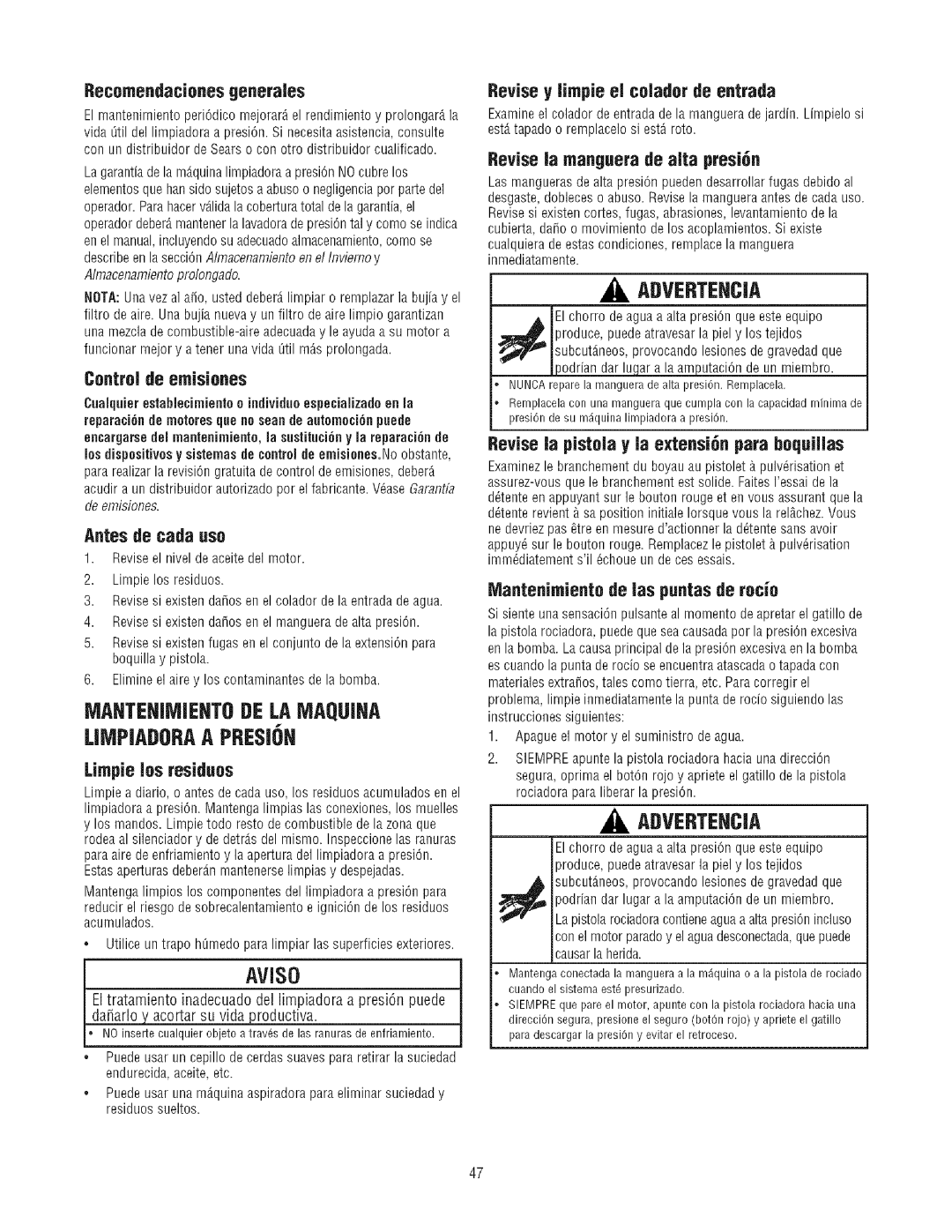 Craftsman 580.7523 manual Limpielos residues, Revisey fimpie el coladorde entrada, Revisela manguerade alta presidn 