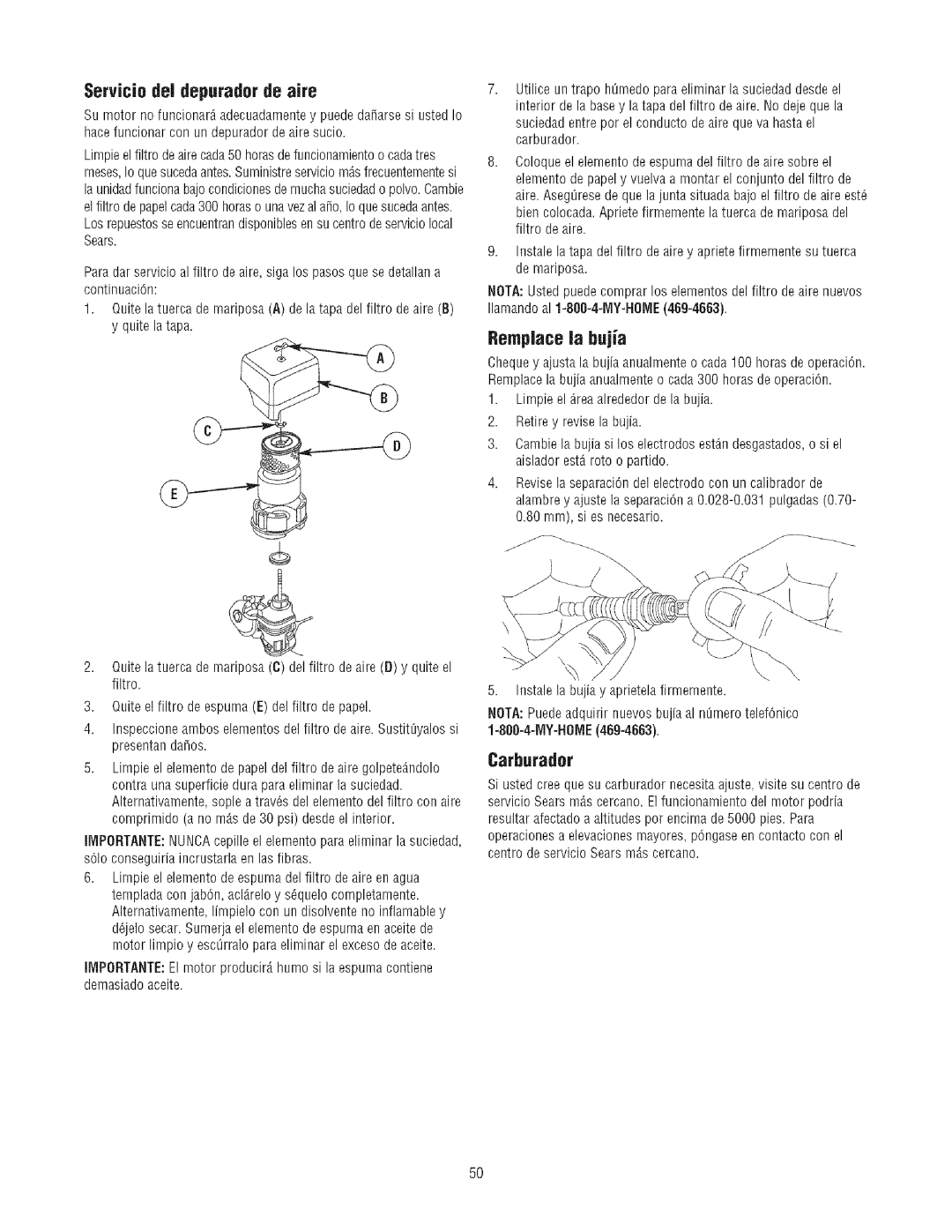 Craftsman 580.7523 manual Servicio del depurador de aire, Bempiace la bujia, Carburader 