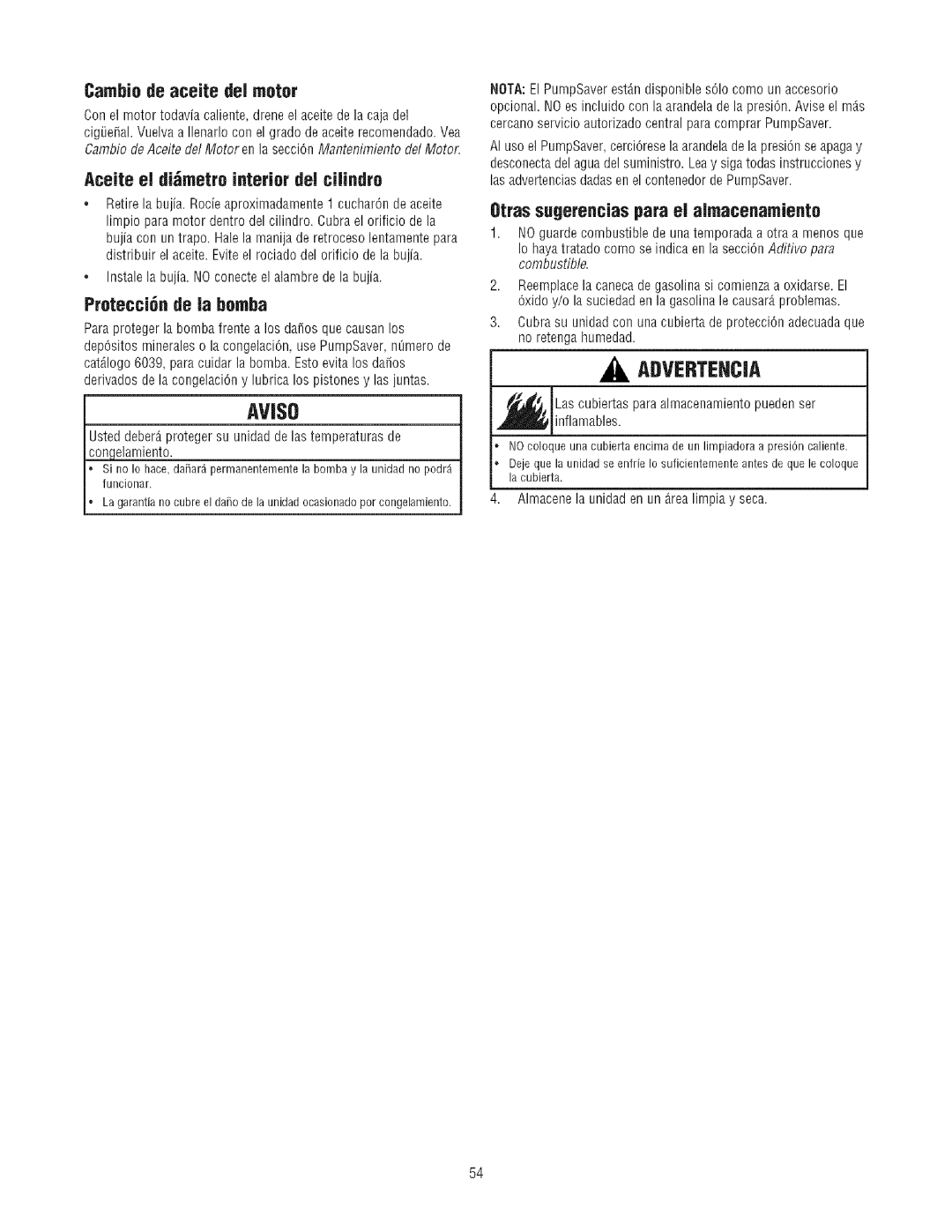 Craftsman 580.7523 Cambio de aceite del motor, Aceite el dimetro interior del cifindro, Proteccin de la bomba, Inflamables 