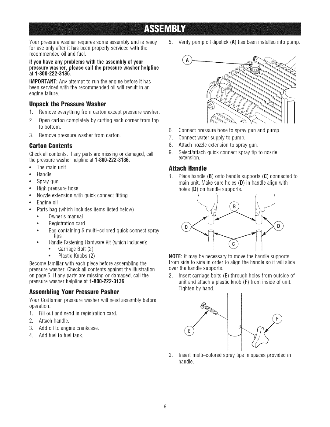 Craftsman 580.7523 manual Unpack the Pressure Washer, Carton Contents, AssembJingYour Pressure Pasher, Attach HandJe 