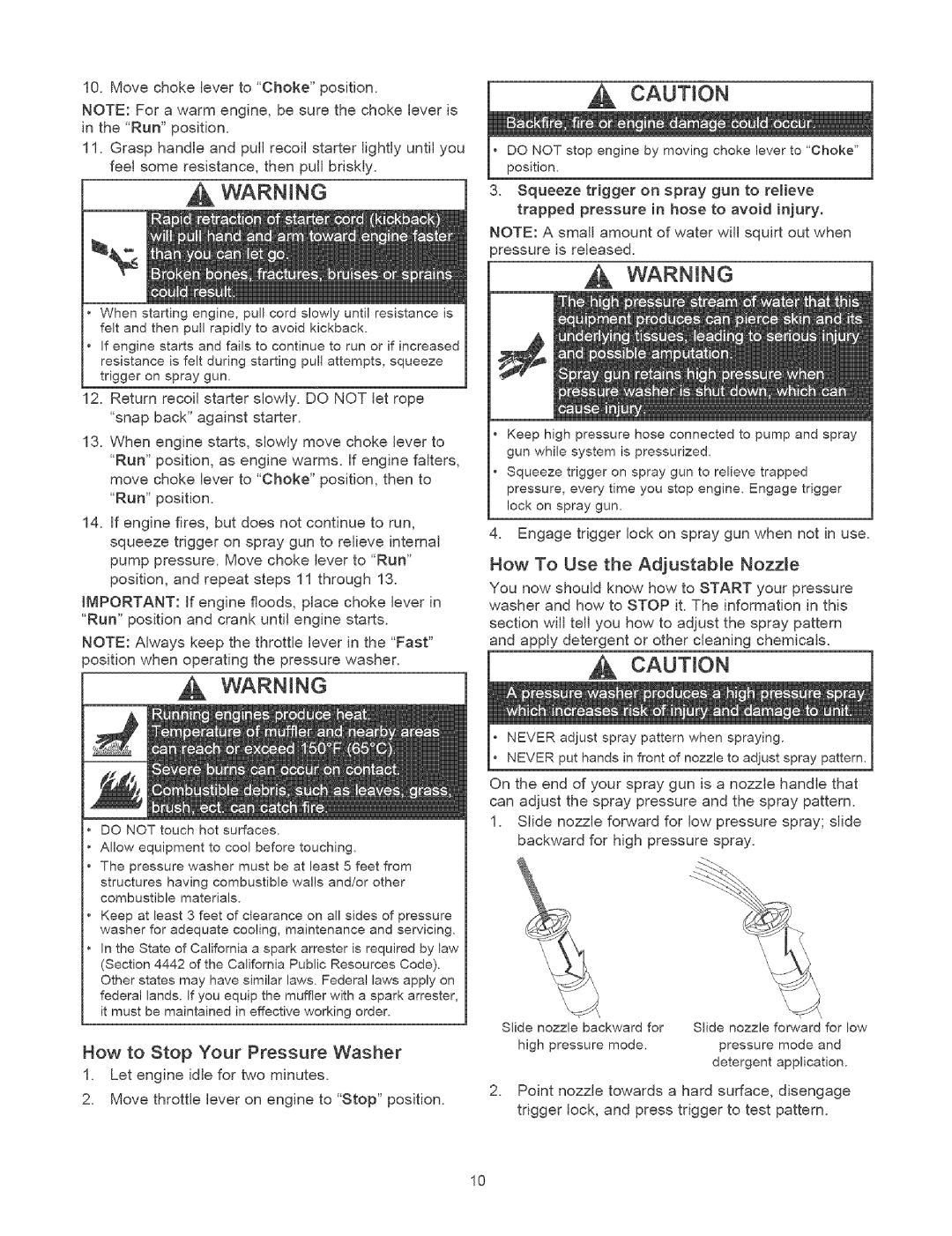 Craftsman 580.75231 MovechokelevertoChokeposition, How to Stop Your Pressure Washer, How To Use the Adjustable Nozzle 