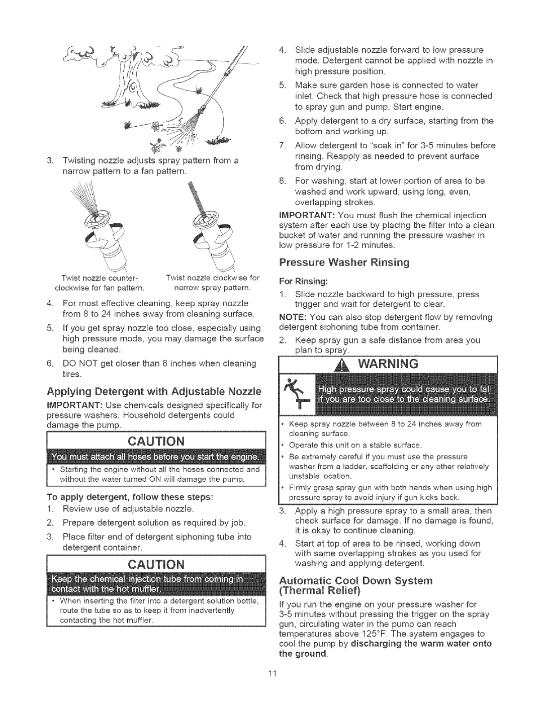 Craftsman 580.75231 owner manual Applying Detergent with Adjustable Nozzle, Pressure Washer Rinsing, Therma Relief 