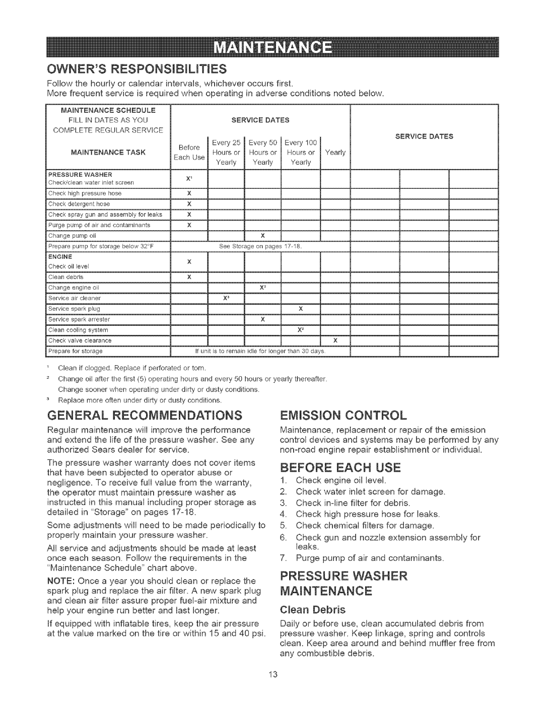 Craftsman 580.75231 Owners RESPONSiBiLiTiES, General RECOMMENDATIONSEMiSSiON Control, Before Each USE, Pressure Washer 