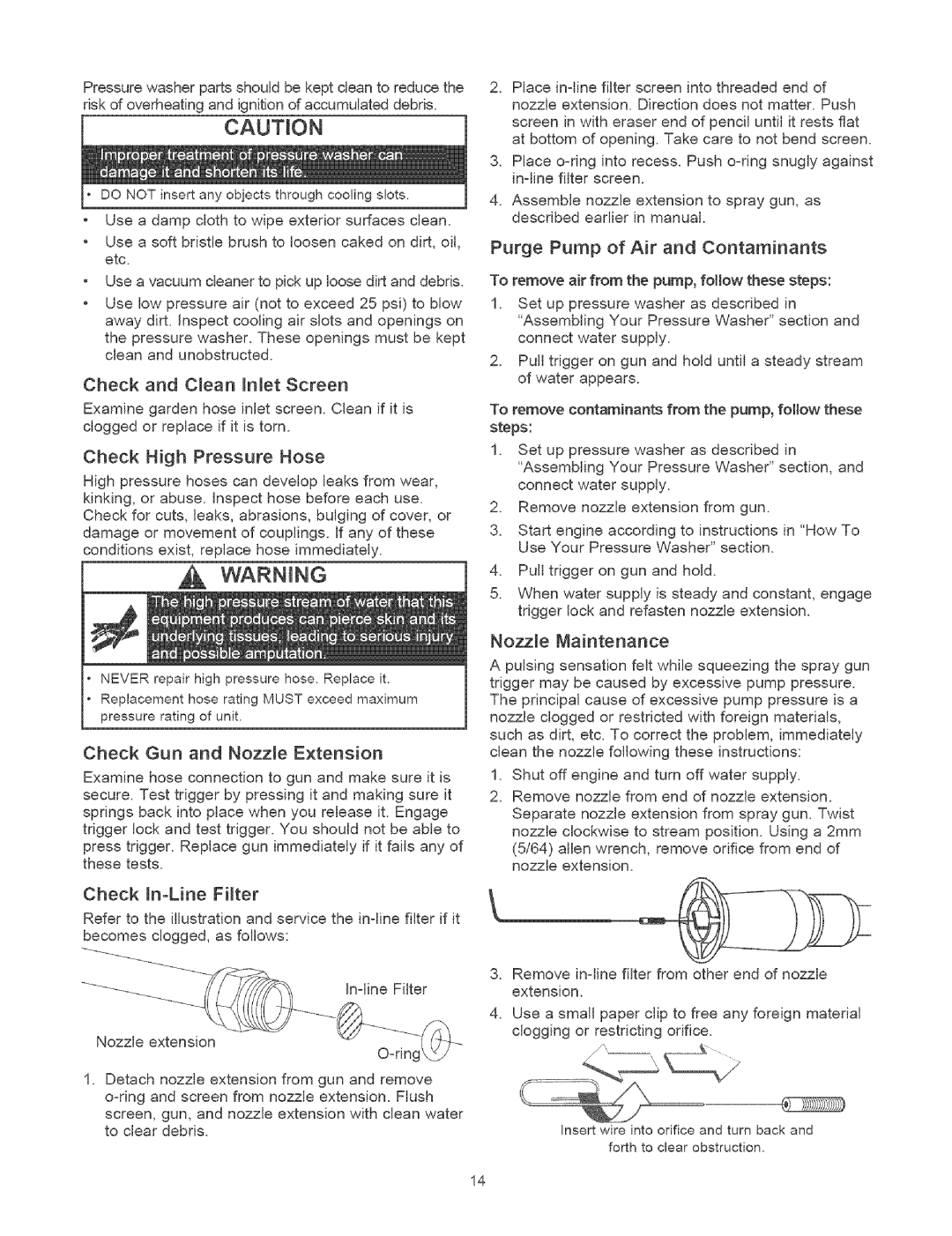 Craftsman 580.75231 owner manual Check and Cean inlet Screen, Check High Pressure Hose, Purge Pump of Air and Contaminants 