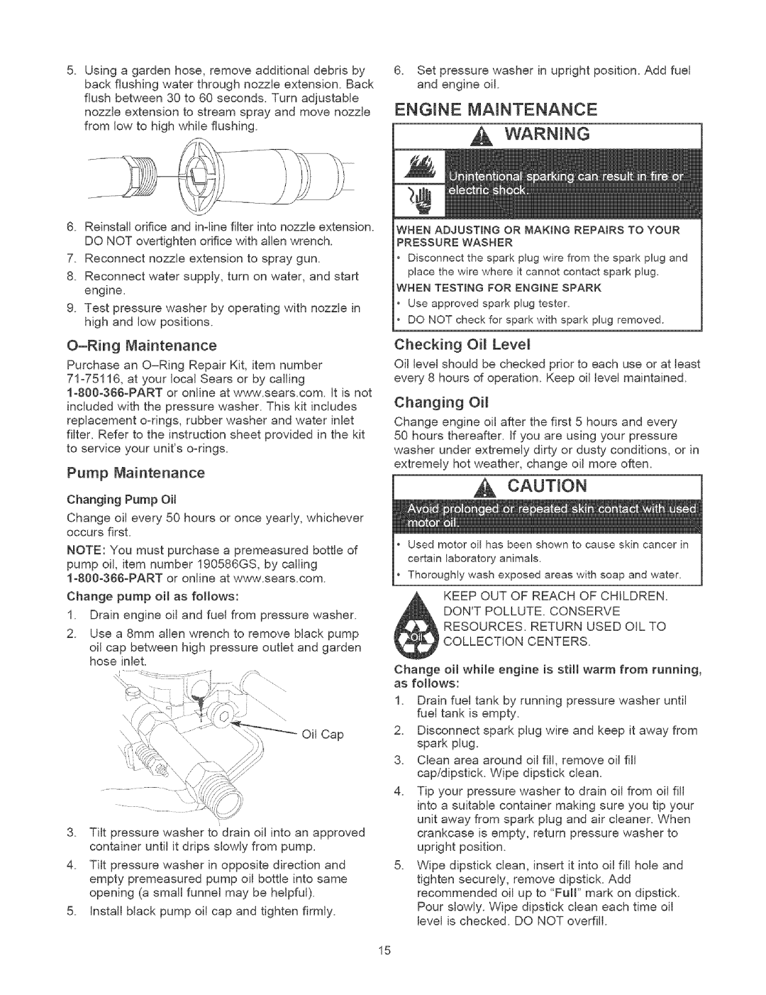 Craftsman 580.75231 owner manual Engine Maintenance, Ring Maintenance, Pump Maintenance, Checking Oil Level, Changing Oil 