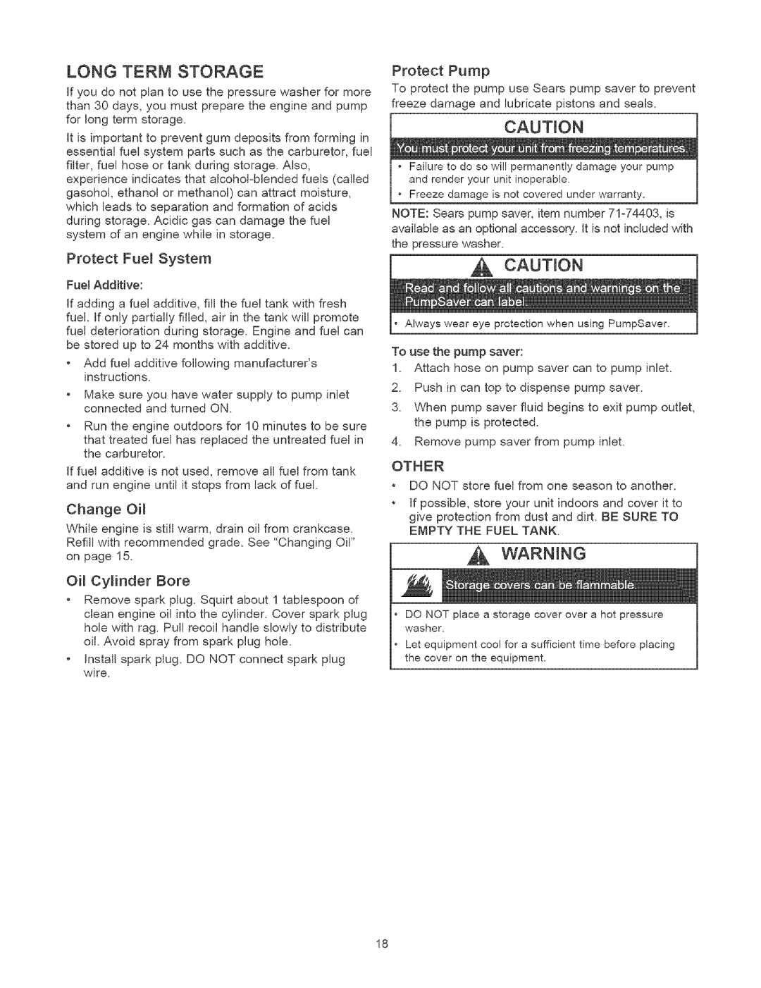 Craftsman 580.75231 owner manual Long Term Storage, Protect Fuel System, Change Oil, Oil Cylinder Bore, Protect Pump 