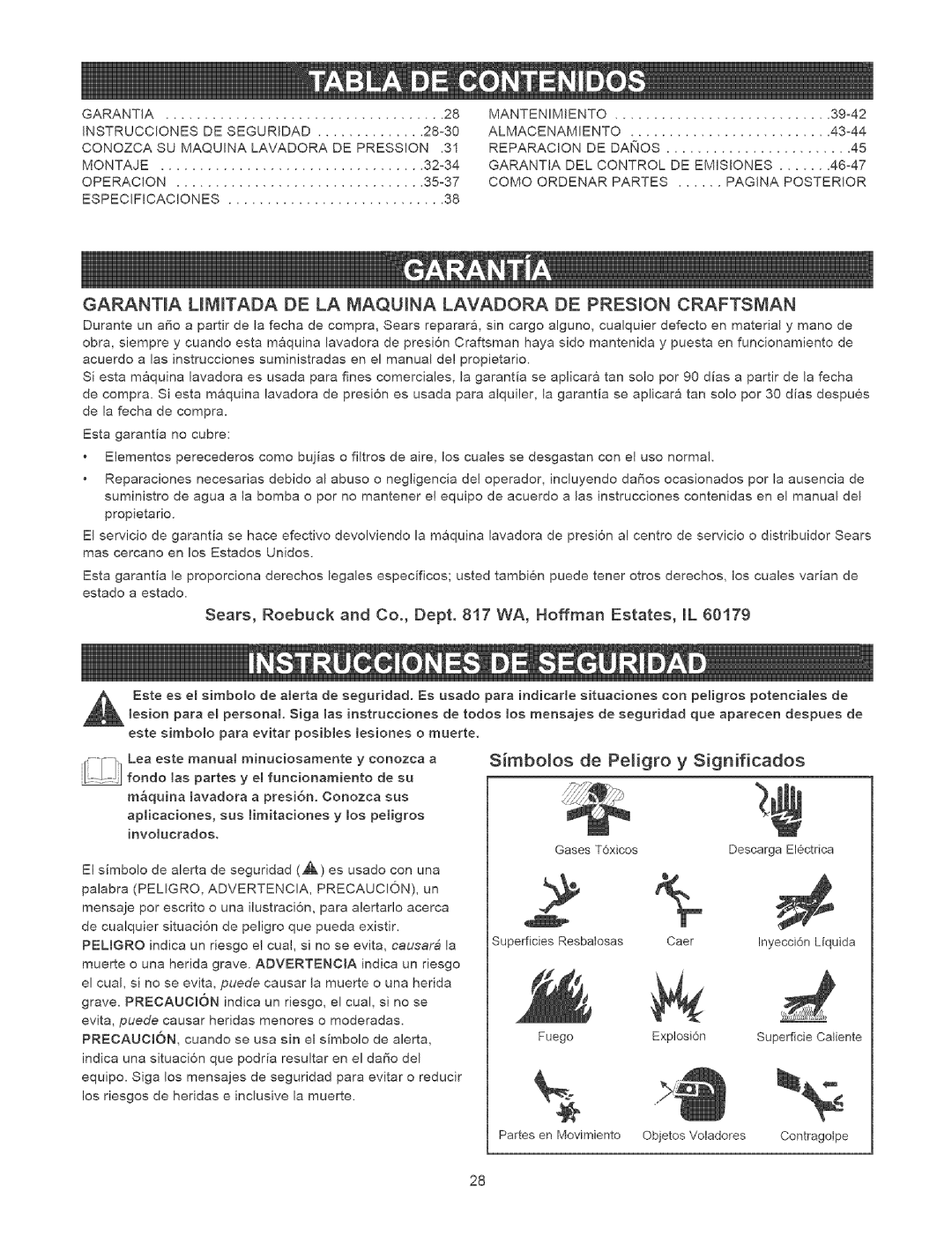 Craftsman 580.75231 owner manual Garantia, Montaje, Operacion, Especificaciones 