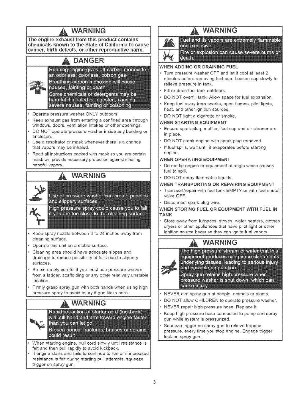 Craftsman 580.75231 owner manual WARNtNG, When Adding or Drainbng Fuel, Vhen Starting Equipment, Tank 