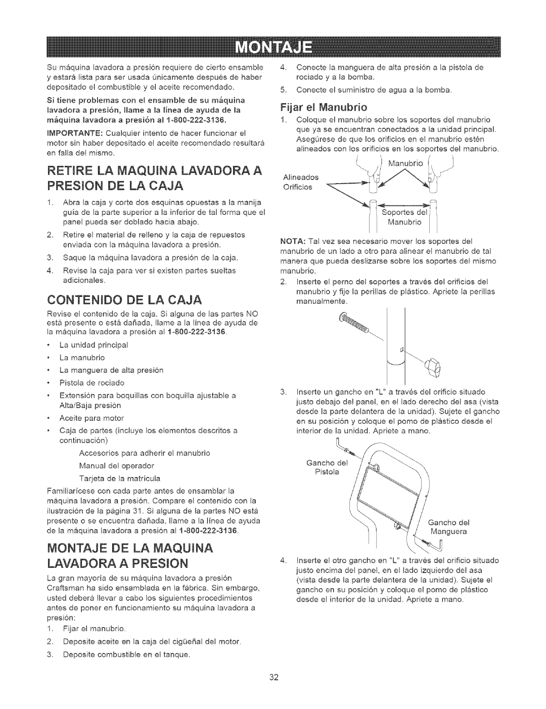 Craftsman 580.75231 owner manual Retire LA Maquina Lavadora a Presion DE LA Caja, Contenido DE LA Caja, Fijar el Manubrio 