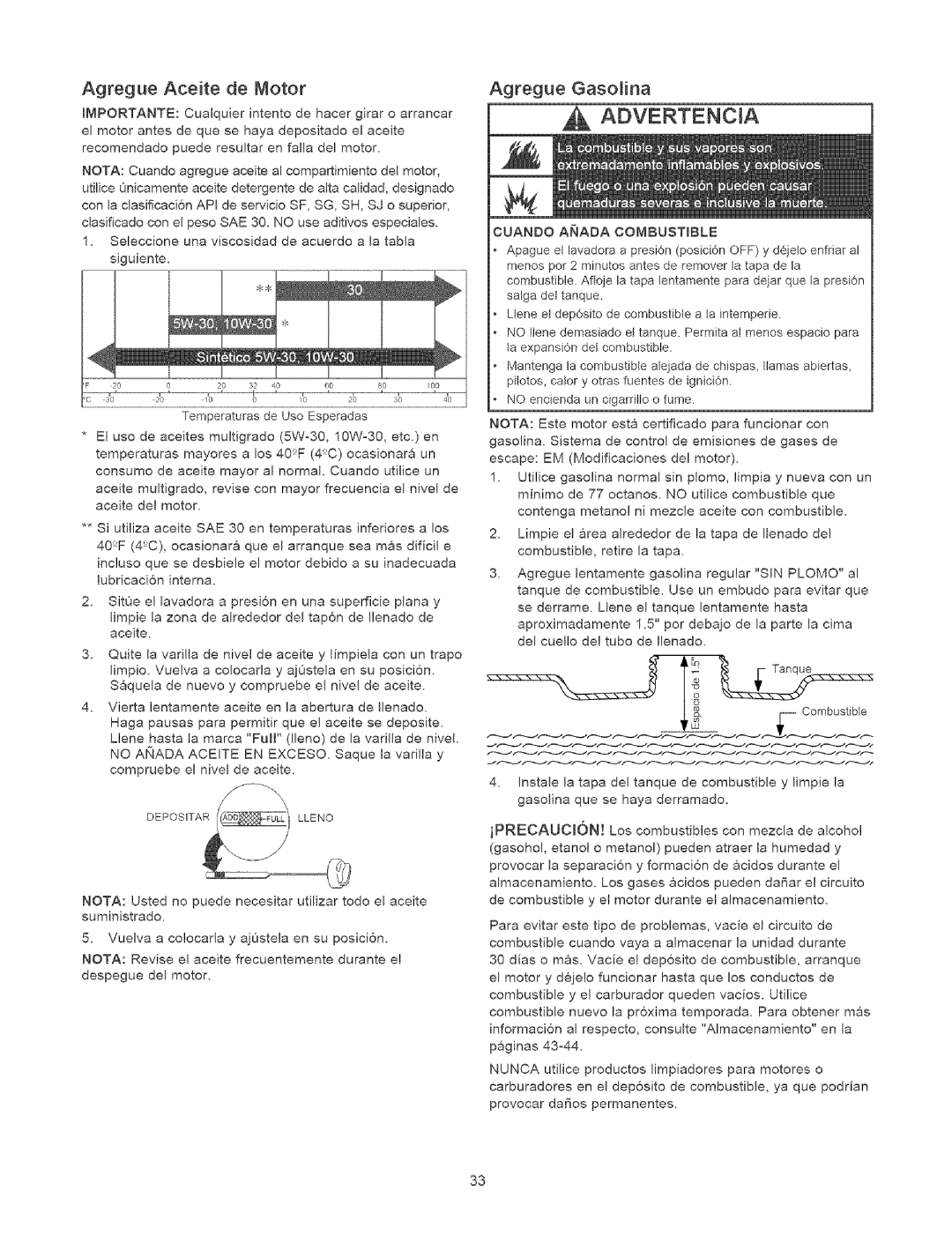 Craftsman 580.75231 owner manual Agregue Aceite de Motor, Agregue Gasolina, Cuando Anada Combustible, Nunca 