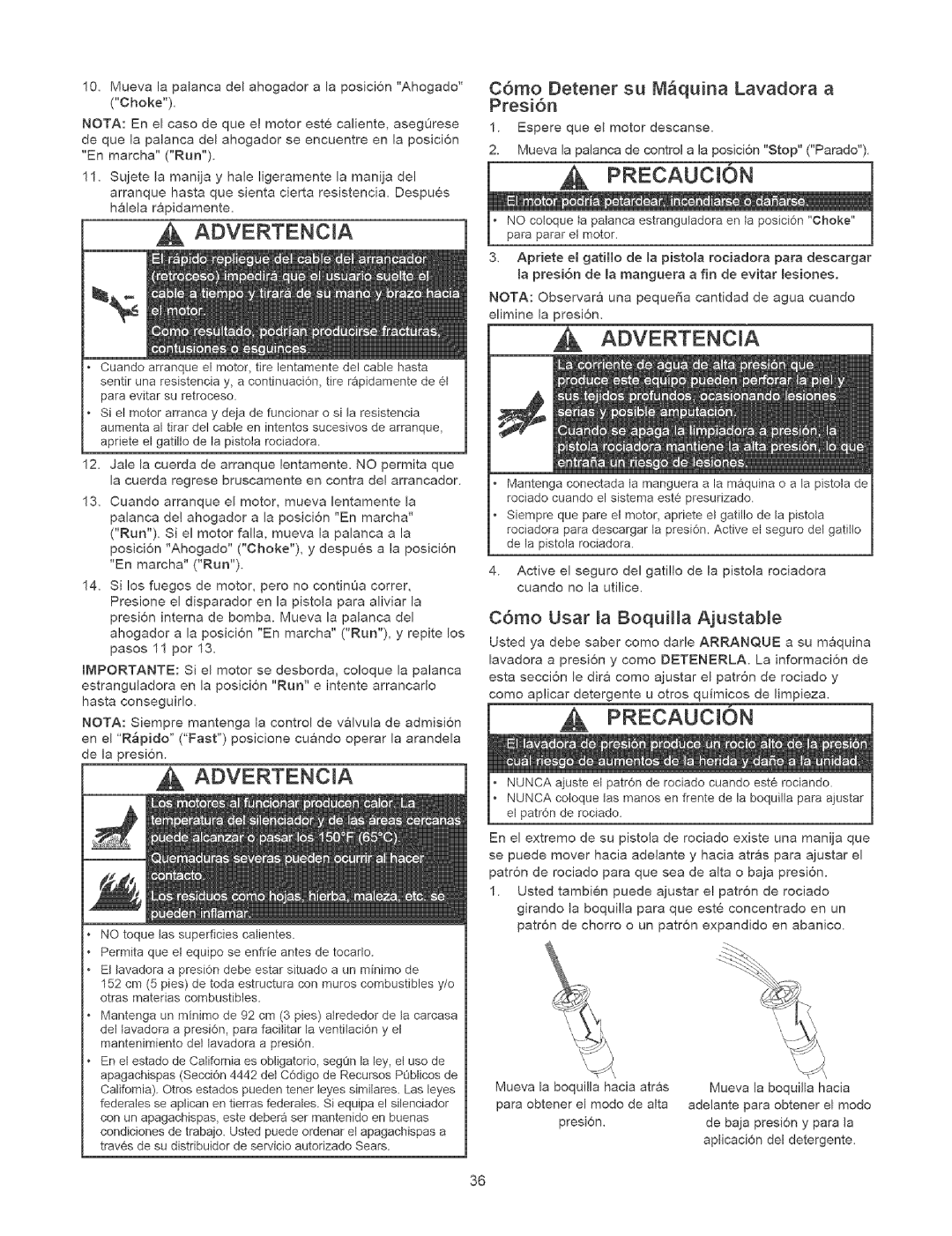 Craftsman 580.75231 owner manual C6mo Detener su Mquina Lavadora a Presi6n, C6mo Usar la Boquilla Ajustable 