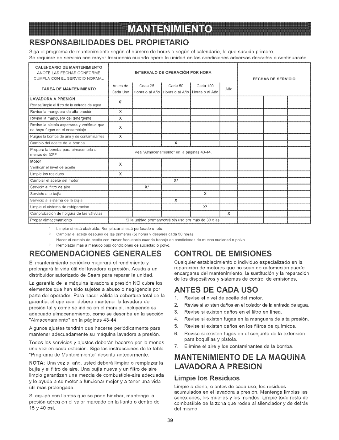 Craftsman 580.75231 RESPONSABtUDADES DEL PROPtETARIO, RECOMENDACtONES Generales, Control DE Emjsiones, Antes DE Cada USO 