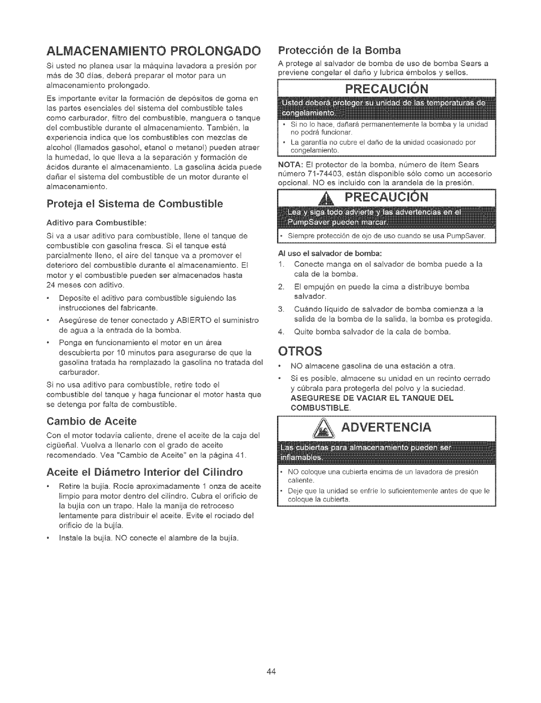 Craftsman 580.75231 owner manual Almacenamiento Prolongado, PRECAUCtON, Otros 