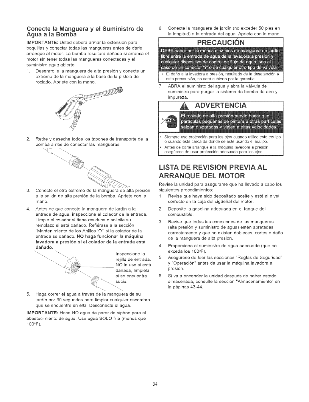 Craftsman 580.75231 owner manual Precaucion, LISTA DE REVtSION PREVIA AL ARRANQUE DEL MOTOR 