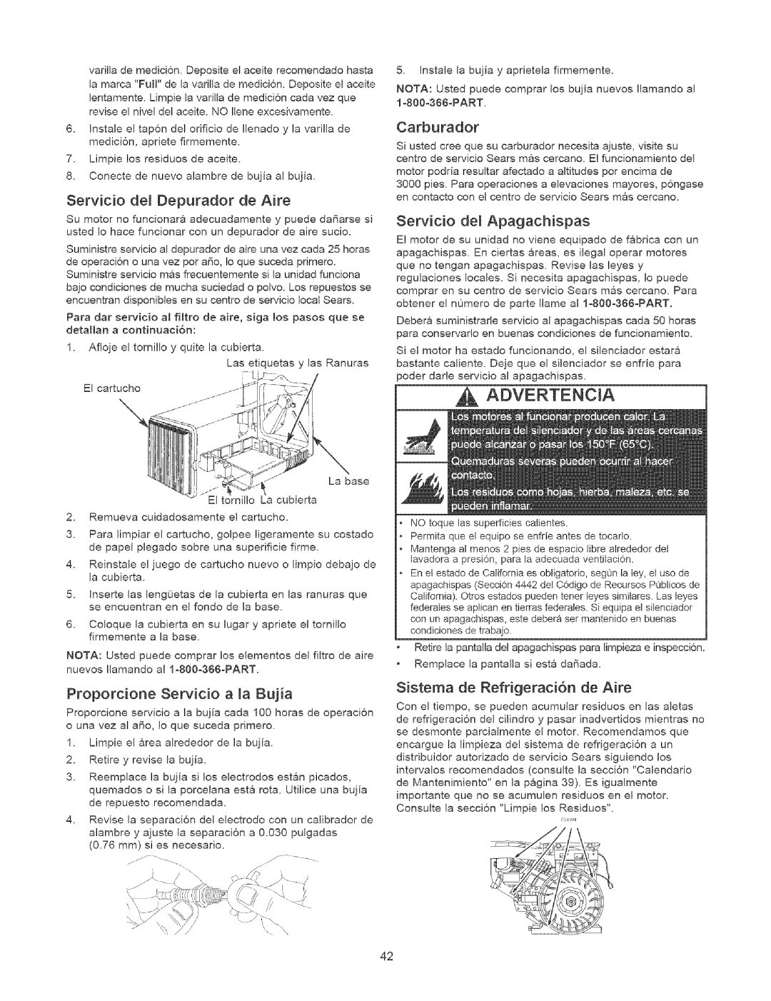 Craftsman 580.75231 owner manual Advertencia, Servicio del Depurador de Aire, Proporcione Servicio a la Bujia, Carburador 
