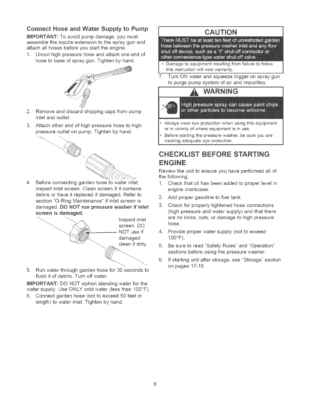 Craftsman 580.75231 owner manual Checkust Before Starting, Connect Hose and Water Supply to Pump 