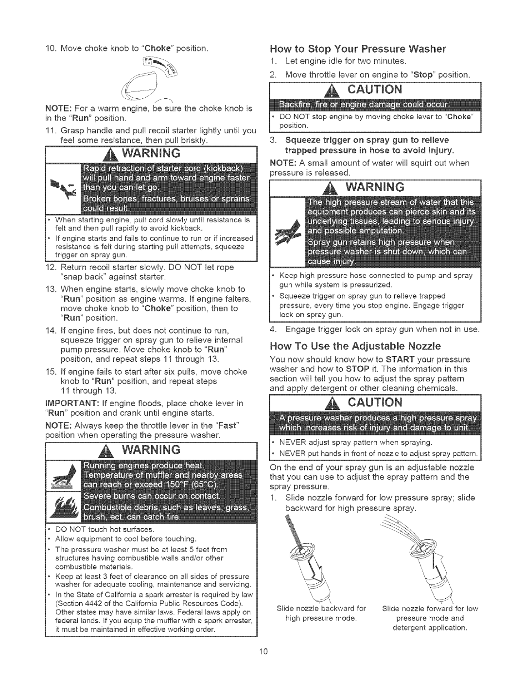 Craftsman 580.7524 owner manual How to Stop Your Pressure Washer, How To Use the Adjustable Nozzle 