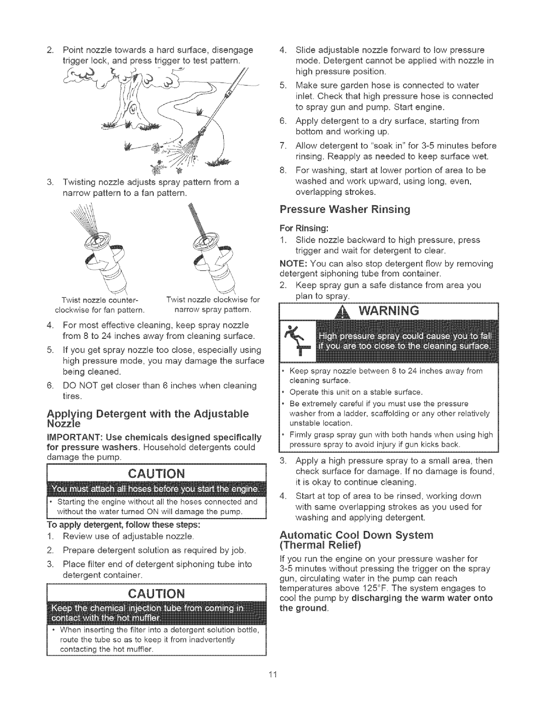 Craftsman 580.7524 owner manual Vvarning, Appmying Detergent with the Adjustabme Nozzme, Pressure Washer Rinsing 