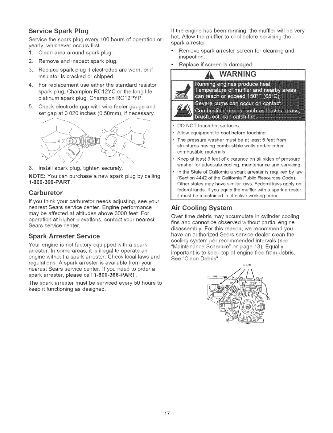 Craftsman 580.7524 owner manual Service Spark Pmug, Carburetor, Spark Arrester Service, Air Cooing System 