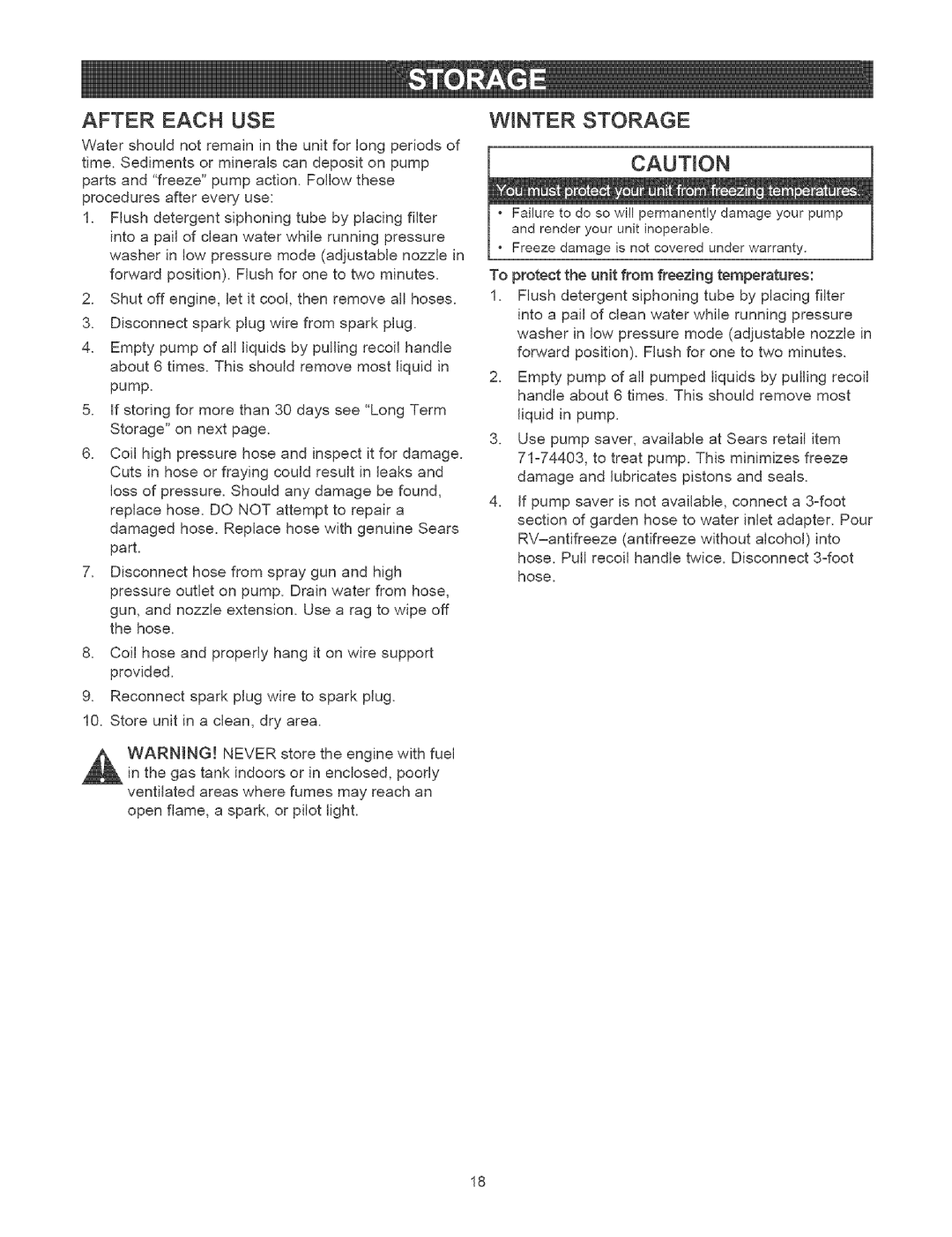 Craftsman 580.7524 owner manual After Each USE, Winter Storage 