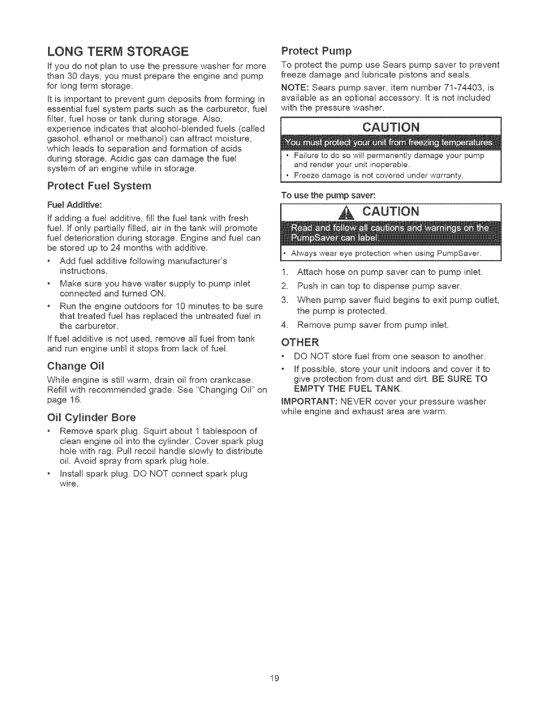 Craftsman 580.7524 owner manual Long Term Storage, Protect Fuel System, Change Oil, Oil Cylinder Bore, Protect Pump 