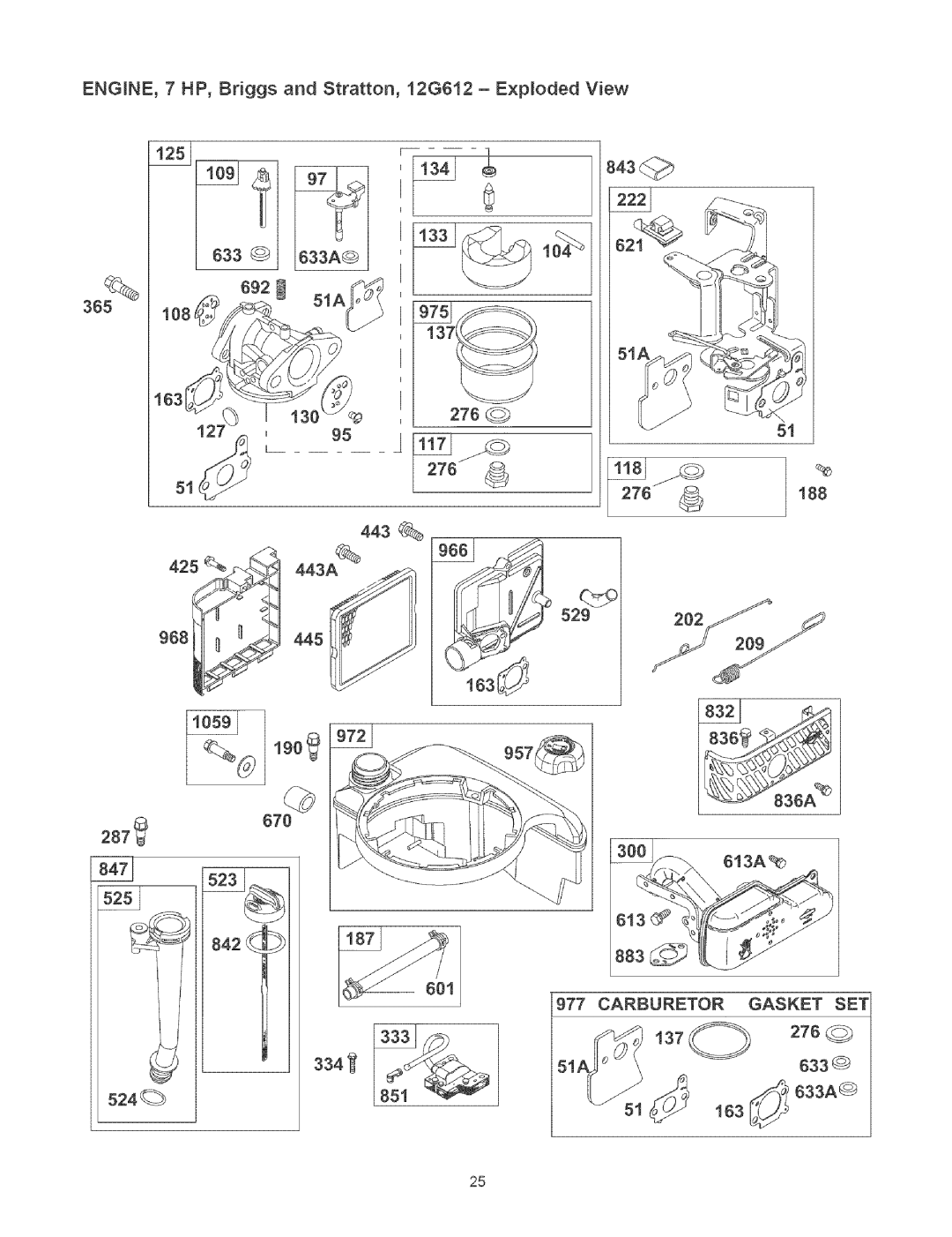 Craftsman 580.7524 owner manual ENGINE, 7 HP, Briggs and Stratton, 12G612 E×poded View, 276 188 443, 842 