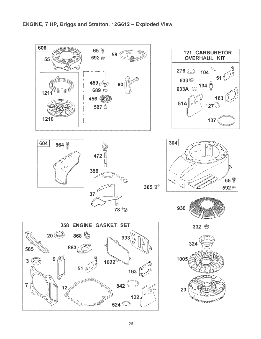 Craftsman 580.7524 owner manual Overhaul KiT, 633 633A 163 127 137 564, 358, 511005 122 524 