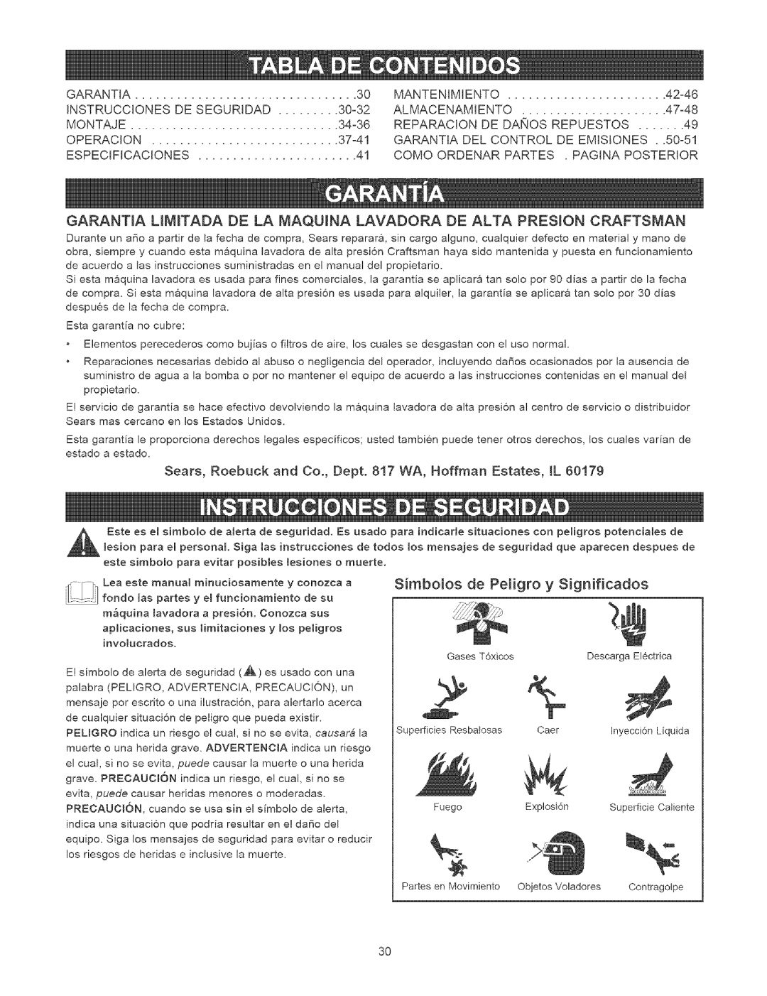 Craftsman 580.7524 Simboos De Peigro y Significados, Sears, Roebuck and Co., Dept WA, Hoffrnan Estates, mL60179 