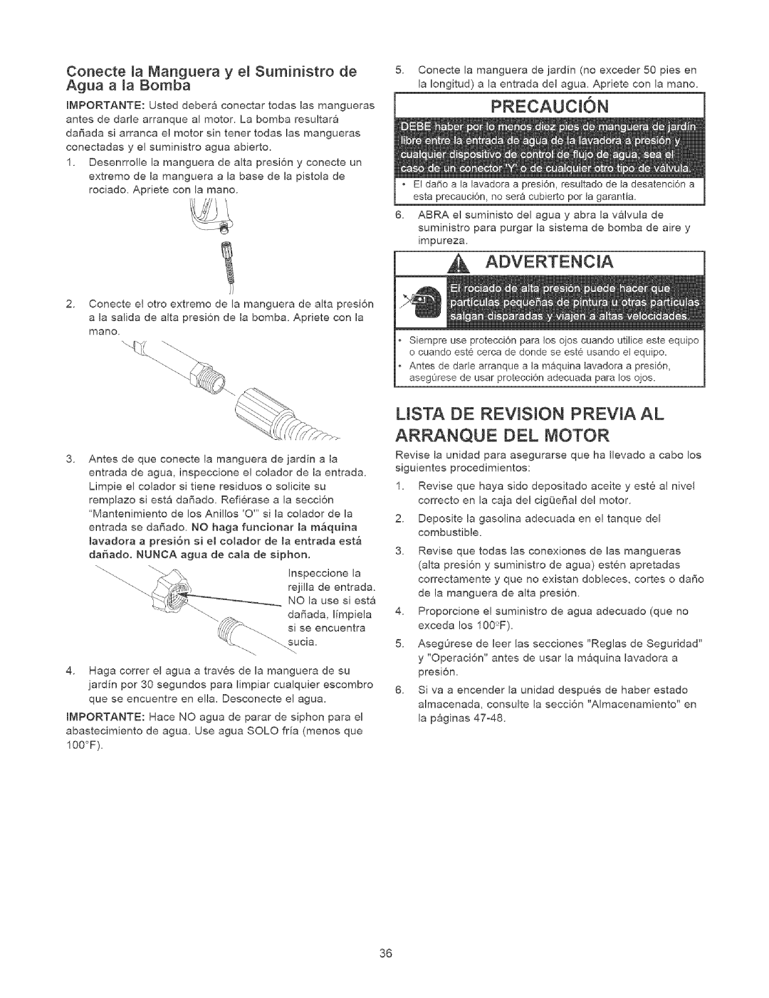 Craftsman 580.7524 owner manual Precaucion, Usta DE REViSiON Prevja AL, Arranque DEL Motor 