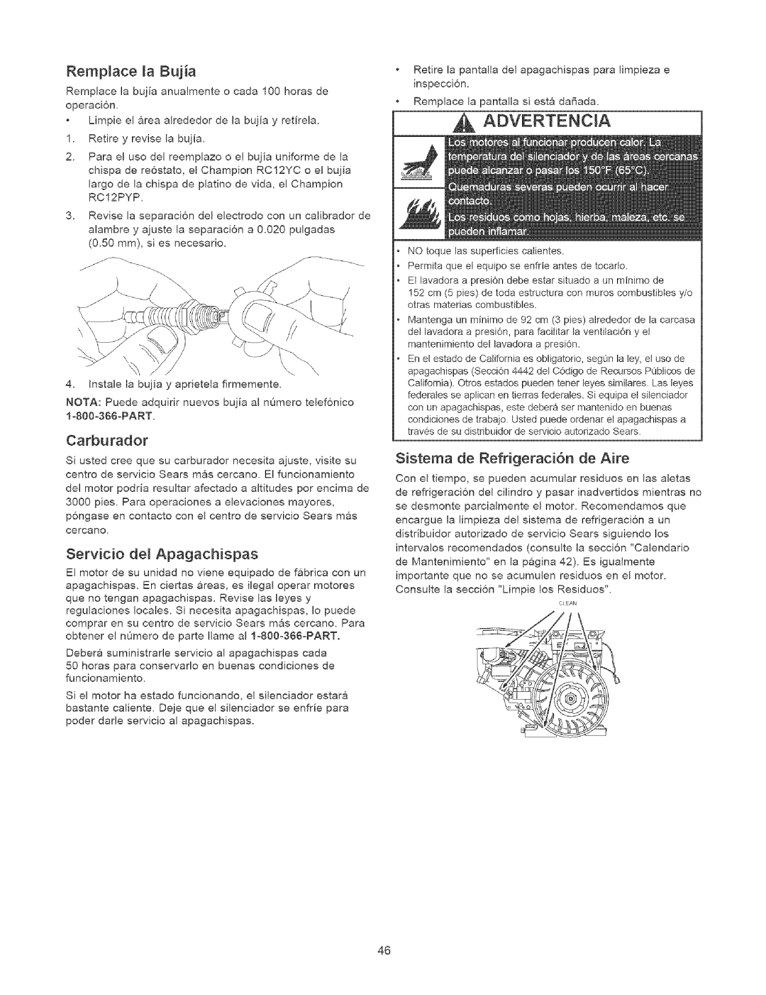 Craftsman 580.7524 owner manual Rempmace a Buia, Carburador, Servicio del Apagachispas, Sistema de Refrigeraci6n de Aire 