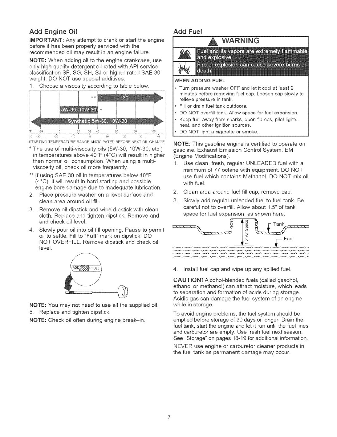 Craftsman 580.7524 owner manual Add Engine Oil, When Adding Fuel 