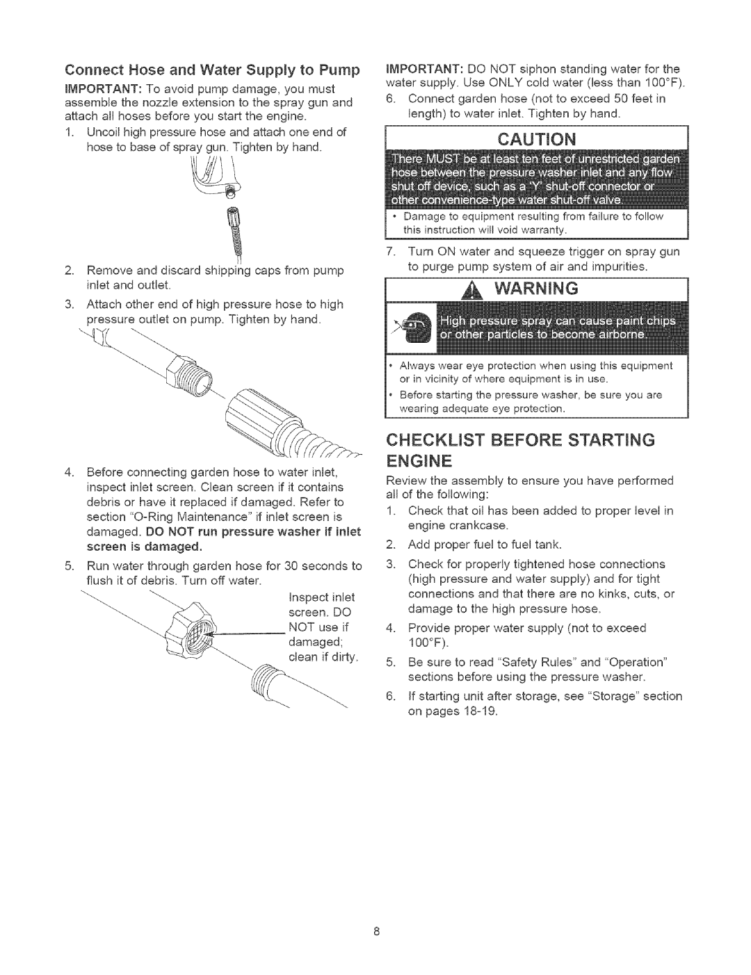 Craftsman 580.7524 owner manual CAUTtON, Checkust Before Starting, Connect Hose and Water Supply to Pump 