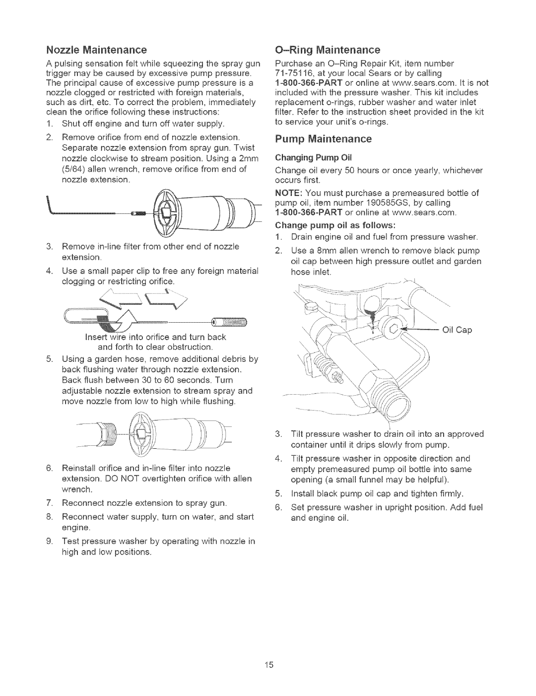 Craftsman 580.7524 owner manual Nozzle Maintenance, O-RingMaintenance, Pump Maintenance 