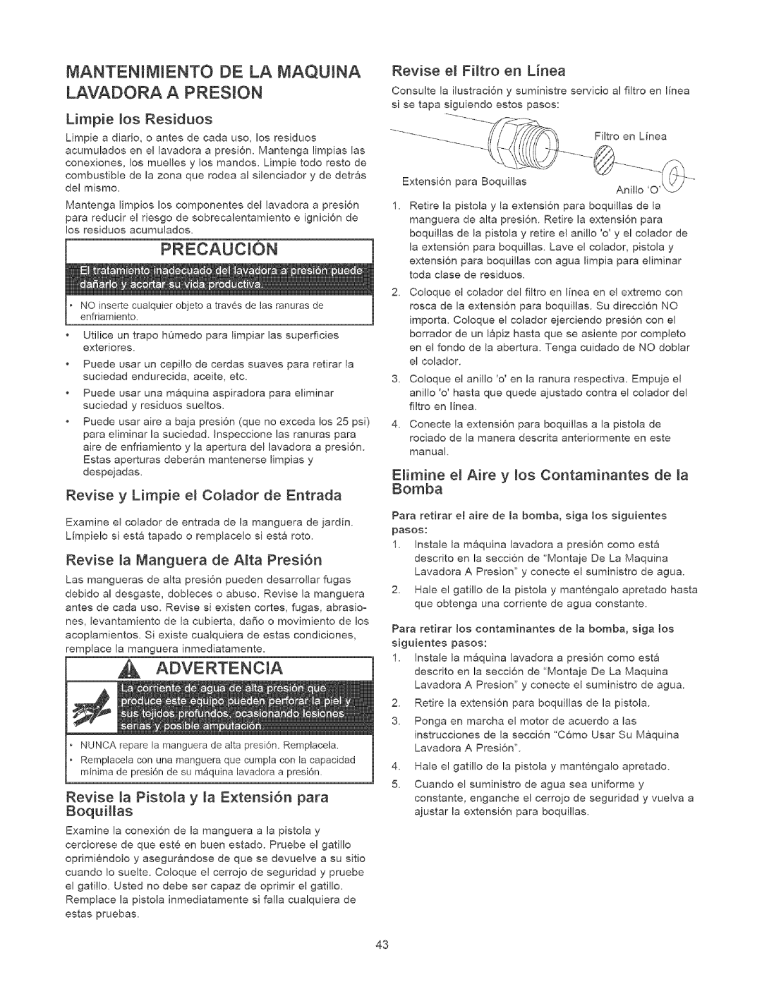 Craftsman 580.7524 Mantenimiento De La Maquina, Lavadora A Presion, Limpie _os Residuos, Revise e_ FHtro en Linea 