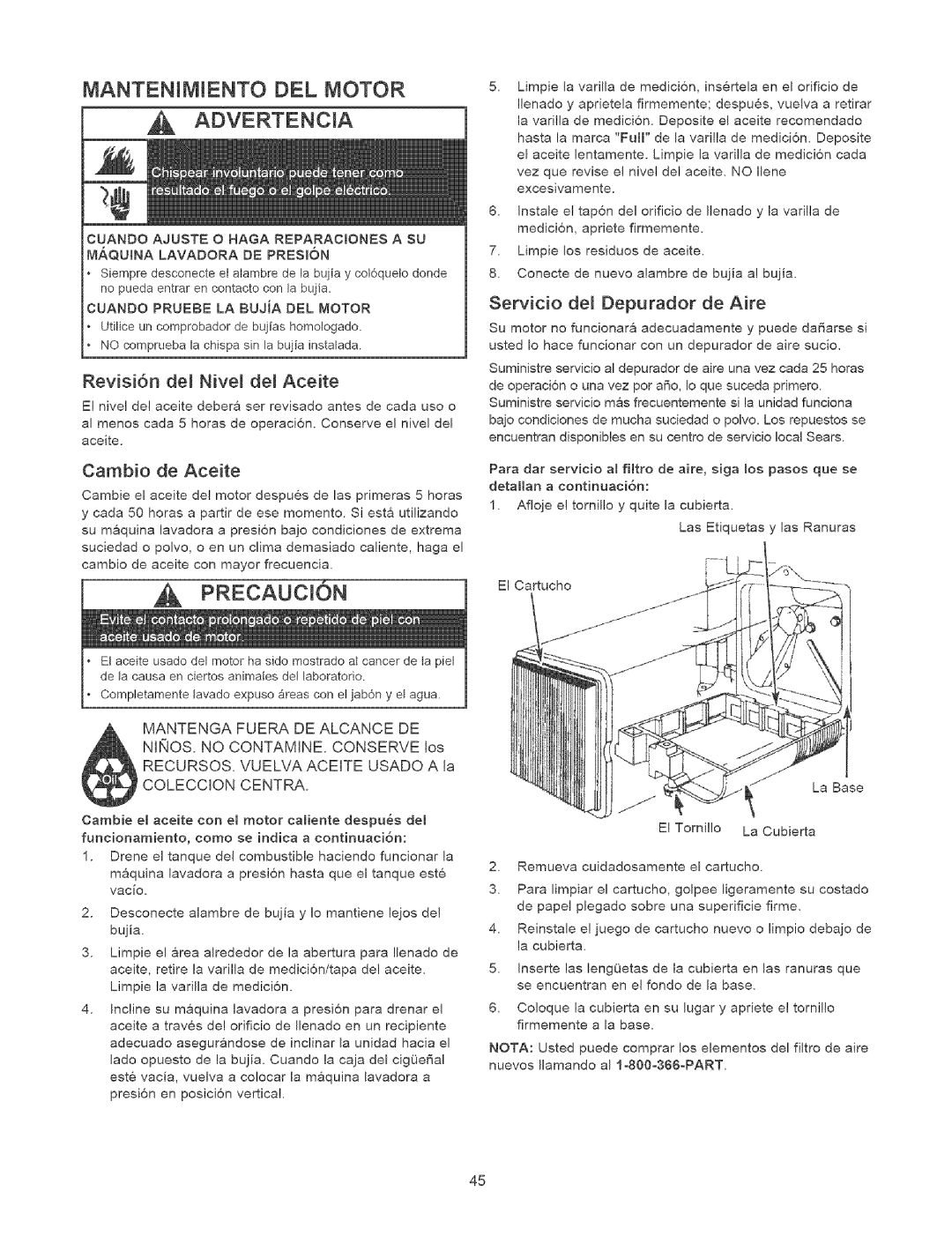 Craftsman 580.7524 owner manual Mantenim Ento Del Motor, Revisi6n de_ Nive_ de_ Aceite, Cambio de Aceite 