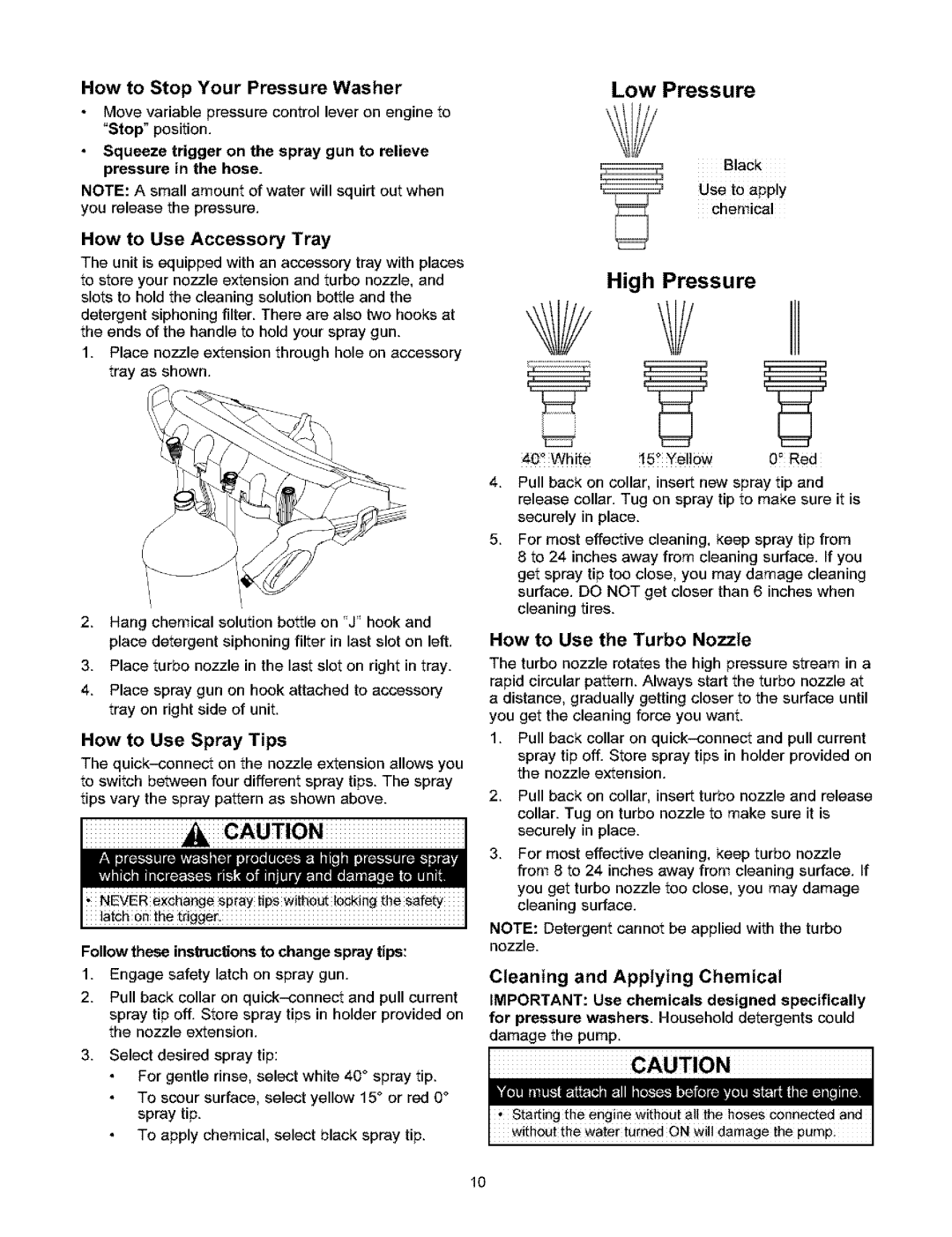 Craftsman 580.753 manual How to Use Accessory Tray, How to Use the Turbo Nozzle, How to Stop Your Pressure Washer 