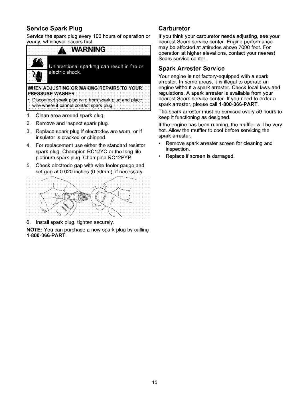 Craftsman 580.753 manual Service Spark Plug, Carburetor, Spark Arrester Service 