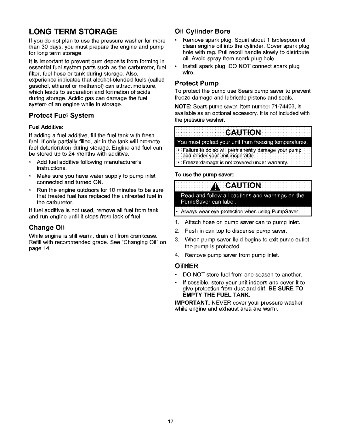 Craftsman 580.753 manual Long Term Storage, Protect Fuel System, Oil Cylinder Bore 